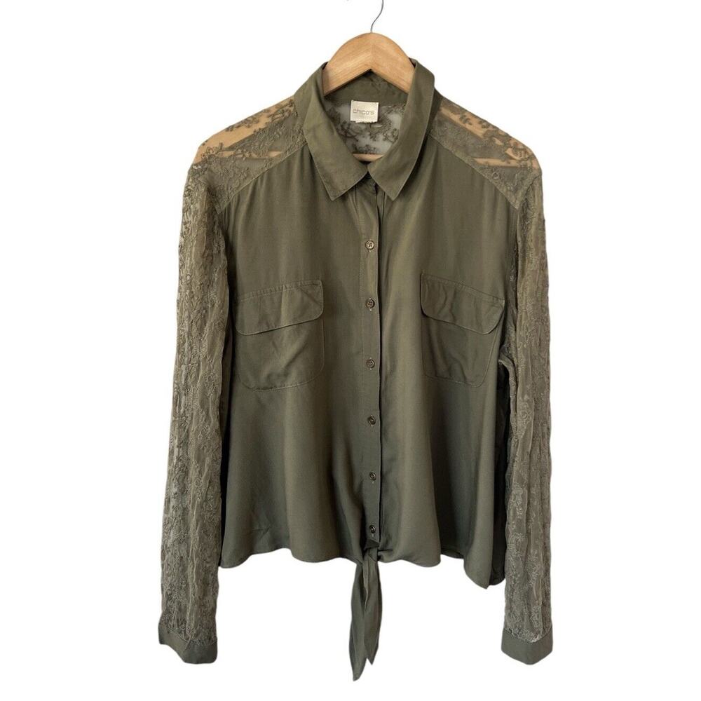 Chicos Olive Green Lace Sleeve Tie Front Blouse XL